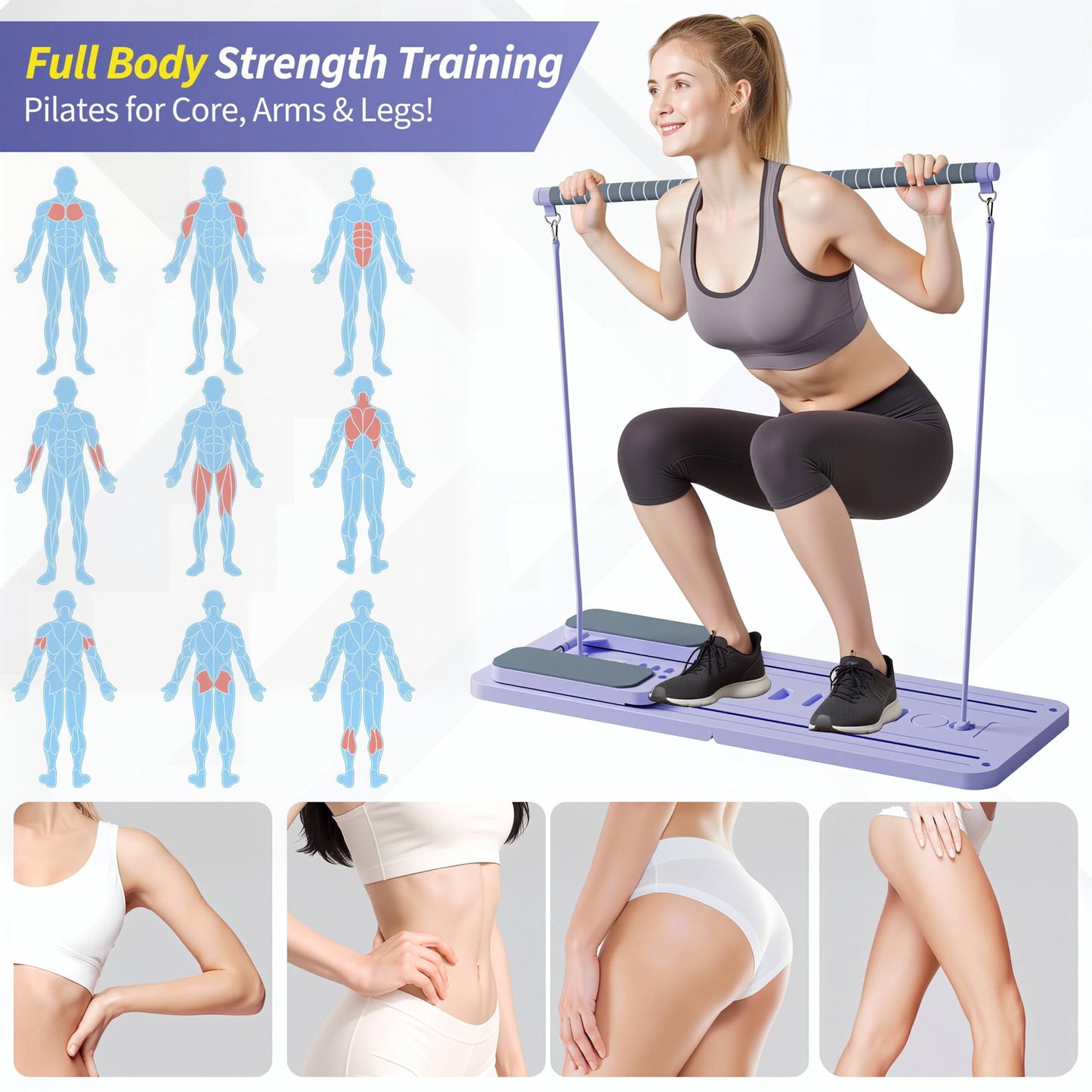 Pilates Reformer Board for Home Workouts, Foldable Pilates Machine with Timer & Resistance Bands, Full Body Workout Equipment for Core Training, Abs, Legs & Glutes