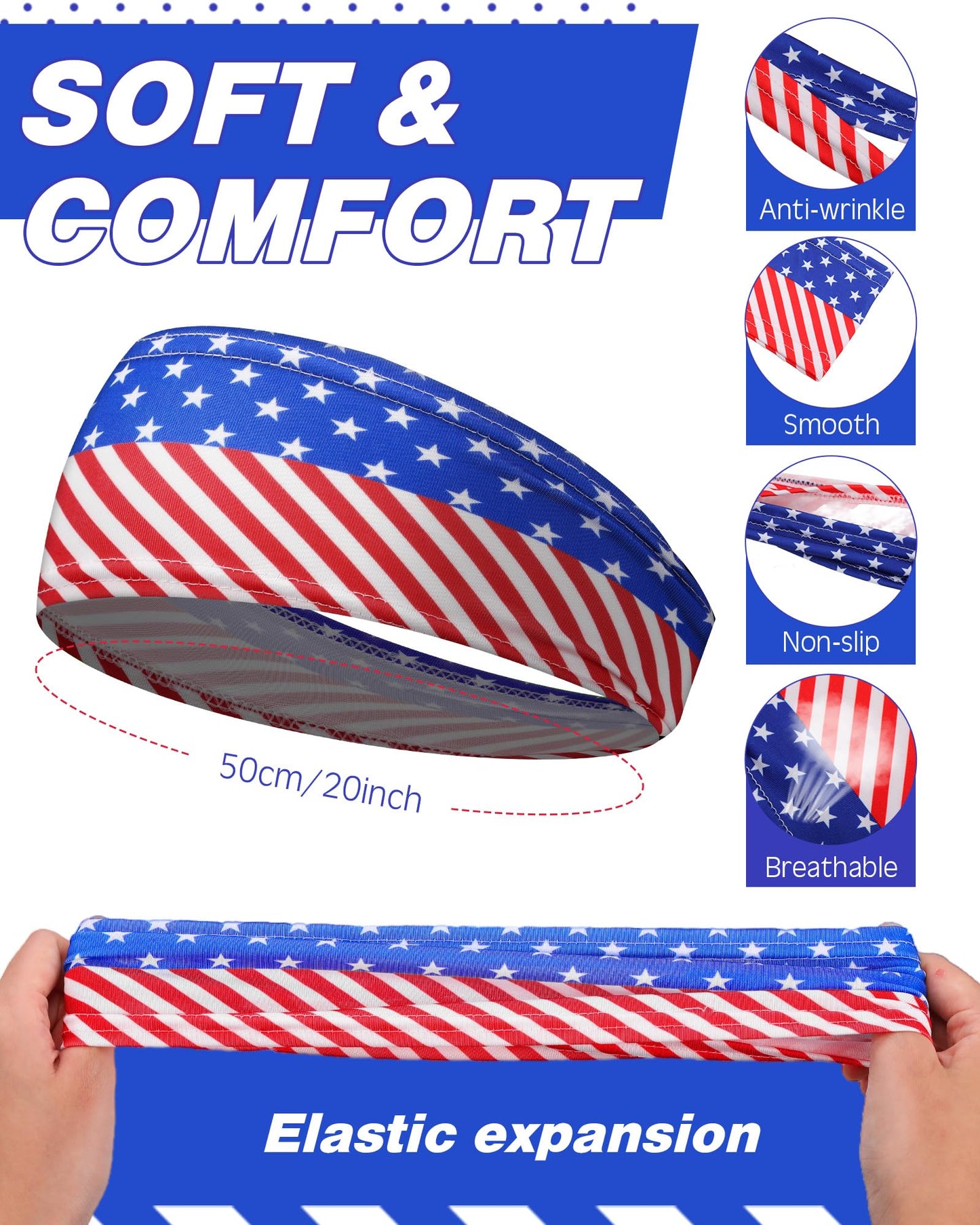 Lyrow 12 Pcs American Flag Headbands for Men Patriotic USA Running Headband Mens Sweatbands Stretchy Sweatbands for Women 4th of July Workout Running Yoga Sports