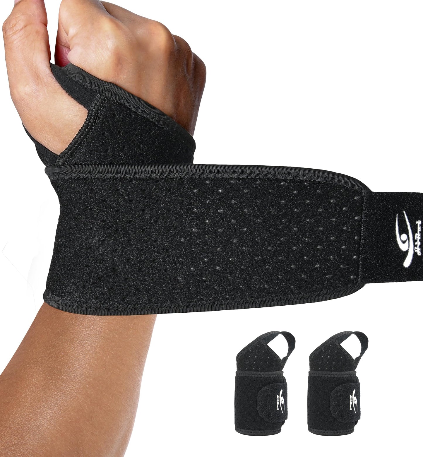 HiRui Wrist Wraps 2-Pack, Adjustable Breathable Wrist Support Brace for Men & Women – Pain Relief for Carpal Tunnel Syndrome, Tendonitis, Arthritis, Sports, Workouts – Fits Left & Right Hand (Black)
