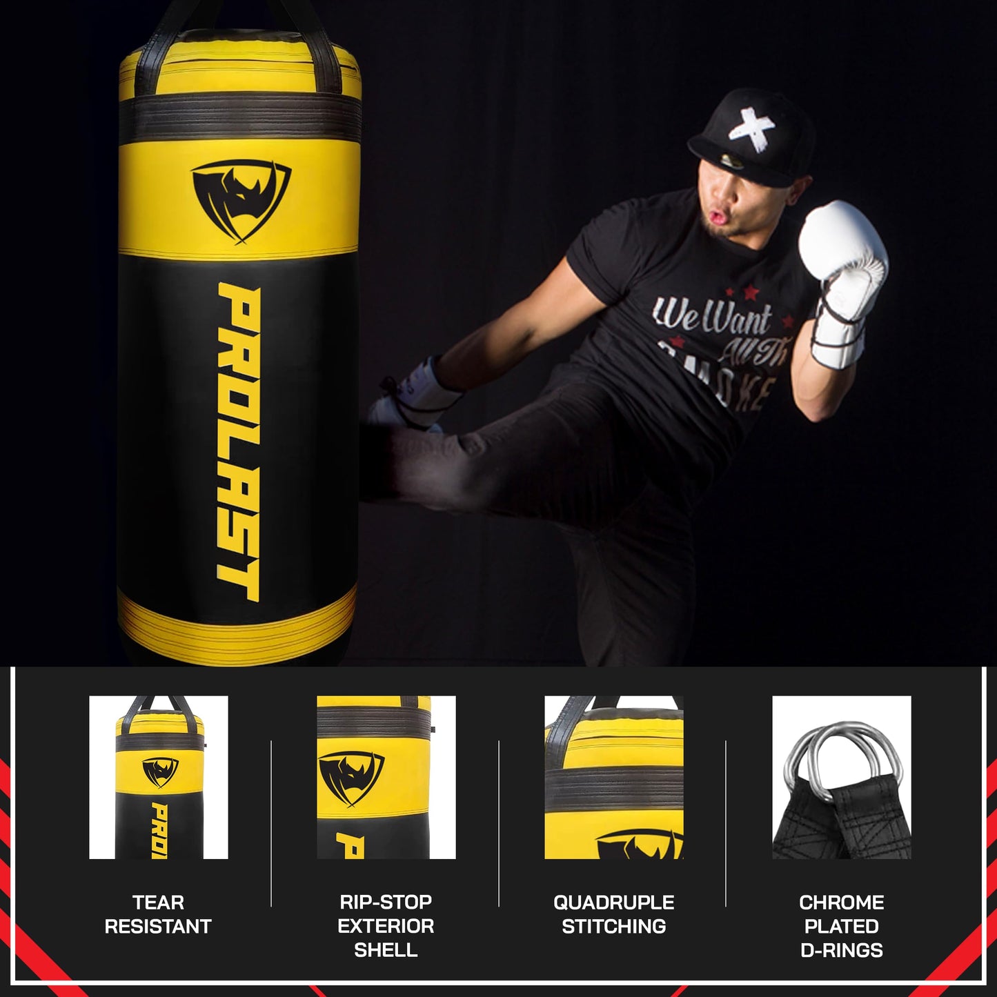 PROLAST 4Ft XL 135Lb Heavy Punching Kicking Bag for Adults, Boxing, MMA, Martial Arts, Muay Thai, Strength Training Equipment, Unfilled, Special Edition Rhino Logo, Special Edition, Yellow and Black