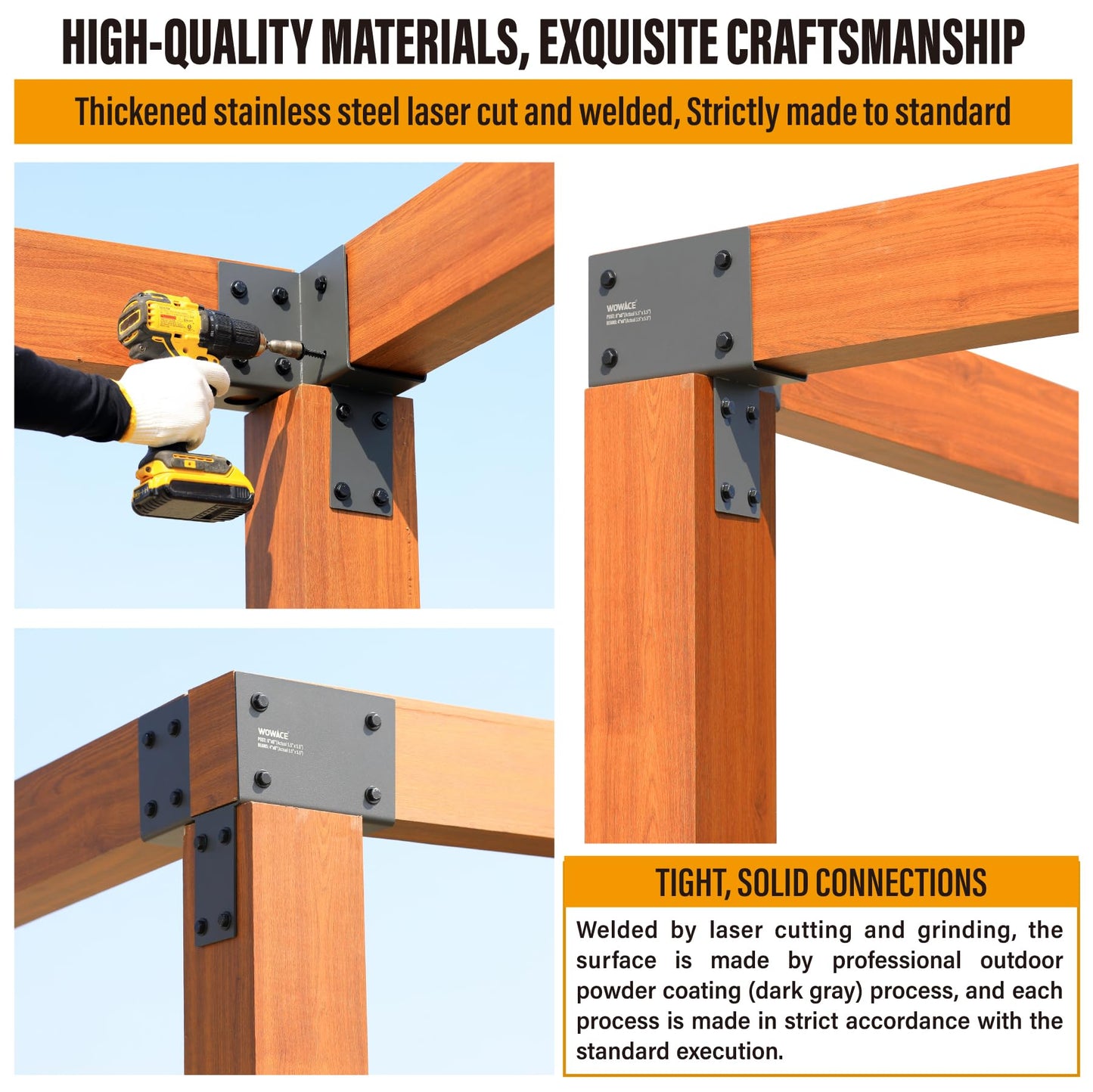 WOWACE 4 Pack 4x6 (Actual 3.5"x5.5") Heavy Duty Stainless Steel Pergola Brackets - Corner Post to Beam Connector for Gazebos, Patio Decks, Porches - Wood Post Cap Tie Bracket (Dark Gray)