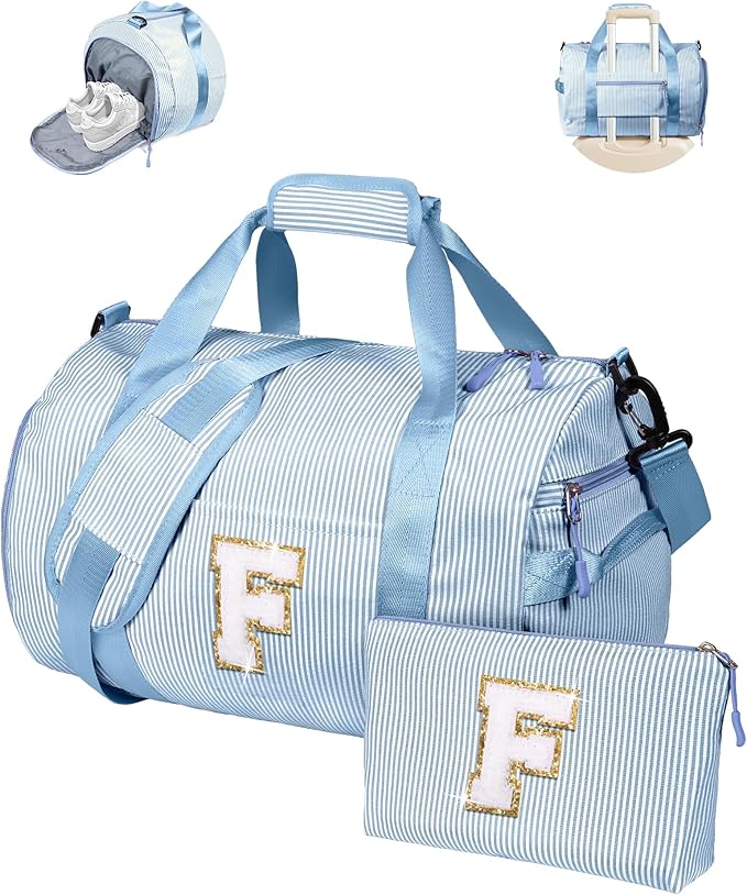 Easter Basket Essentials, Girl Gym Bag, Kids Initial Overnight Duffel Bags with Shoe Compartment, Personalized Travel Bag with Makeup Pouch, Preppy Stuff Gifts for Kid (Letter F)