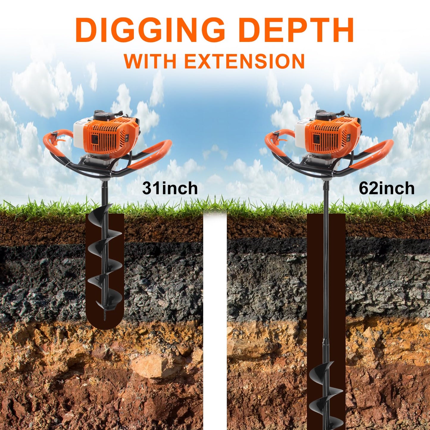62CC Newly Upgraded Post Hole Digger Gas Powered, 2 Stroke Auger Post Hole Digger with 2 Drill Bits (6" & 8") + 1 Extension Rod for Planting - Ideal for Farm & Garden - Orange (62 CC)