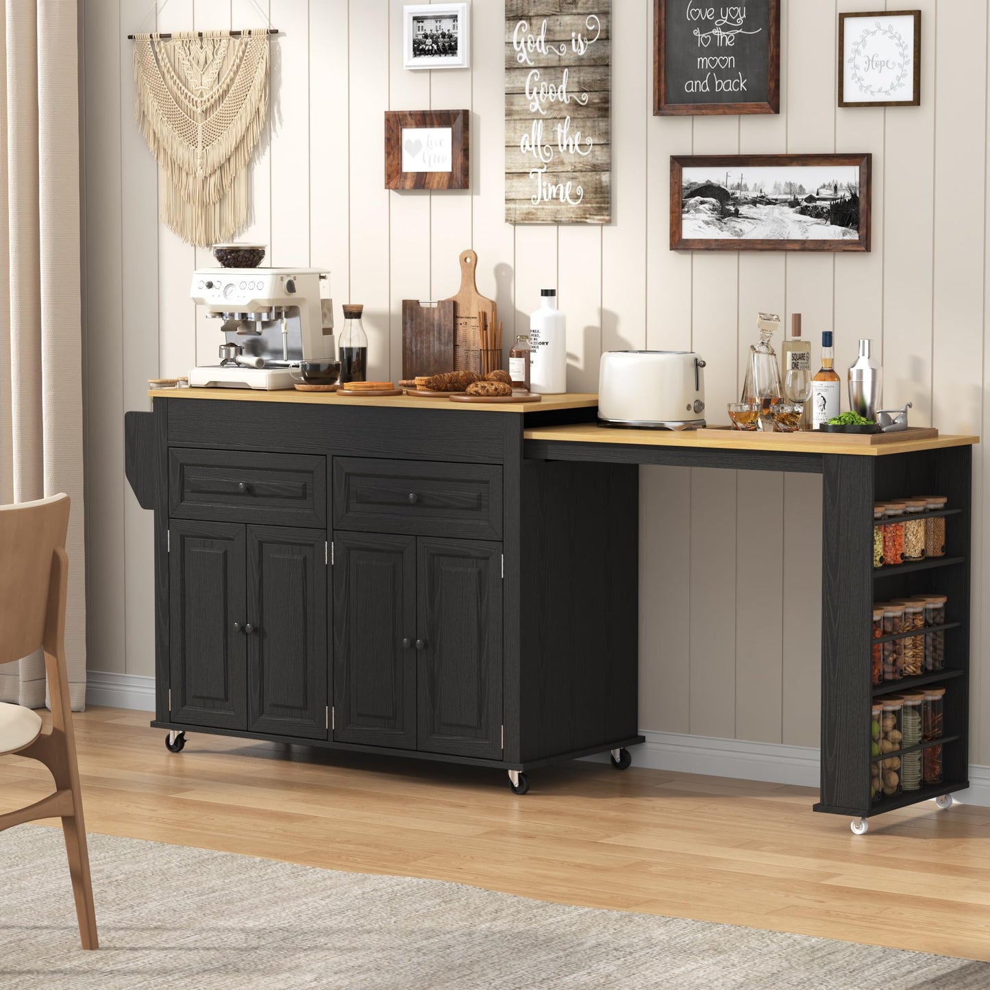 80"-48" Extendable Kitchen Island with Extended Dining Table and Power Outlet,Large Mobile Kitchen Storage Islands with 2 Storage Drawers,Rolling Islands Cart with 3 Extra Rows Open Shelves(Black)
