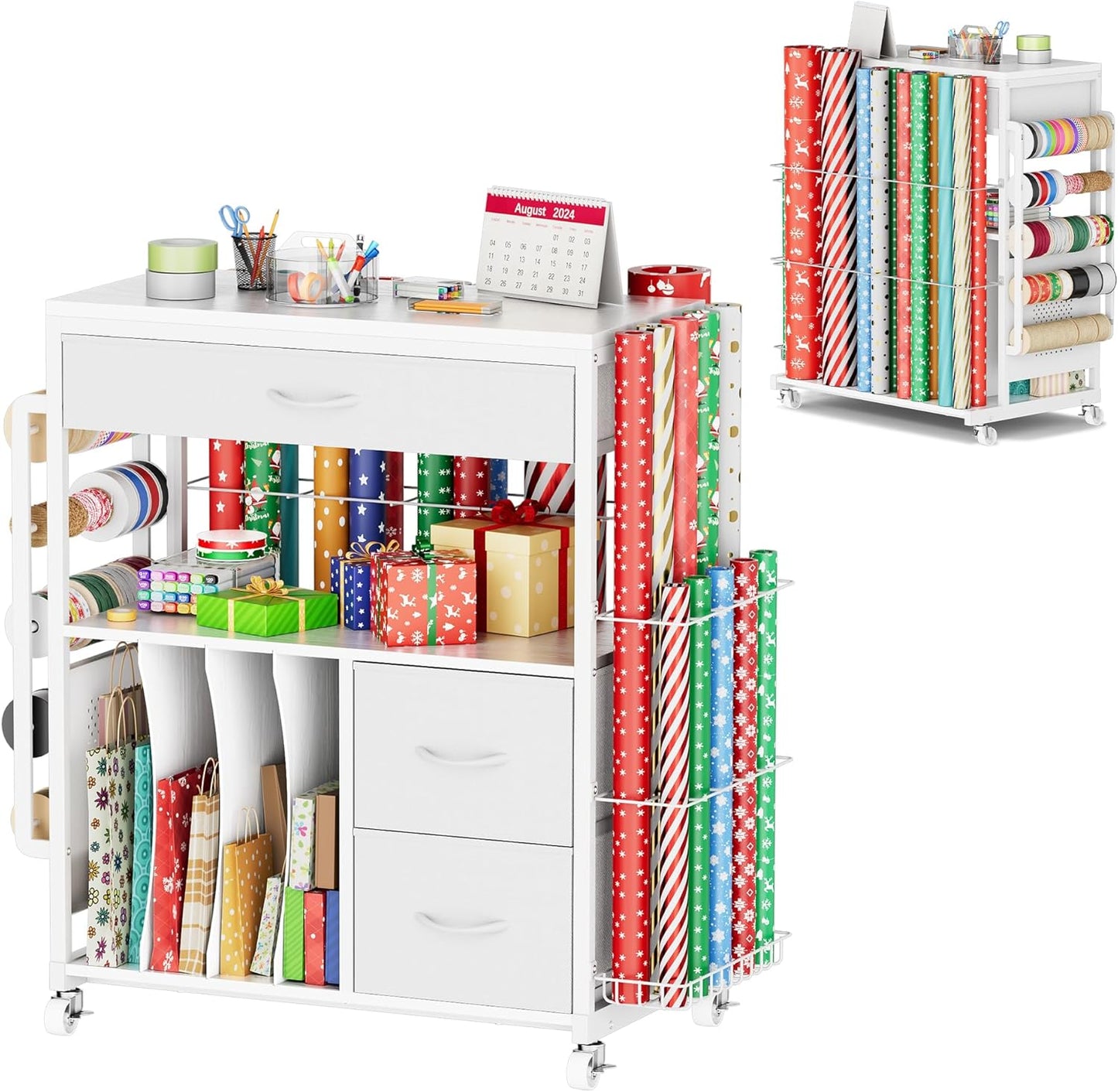 PUNLUXU Wrapping Paper Storage Cart - Rolling Gift Wrap Station with Ribbon & Gift Bag Organizer