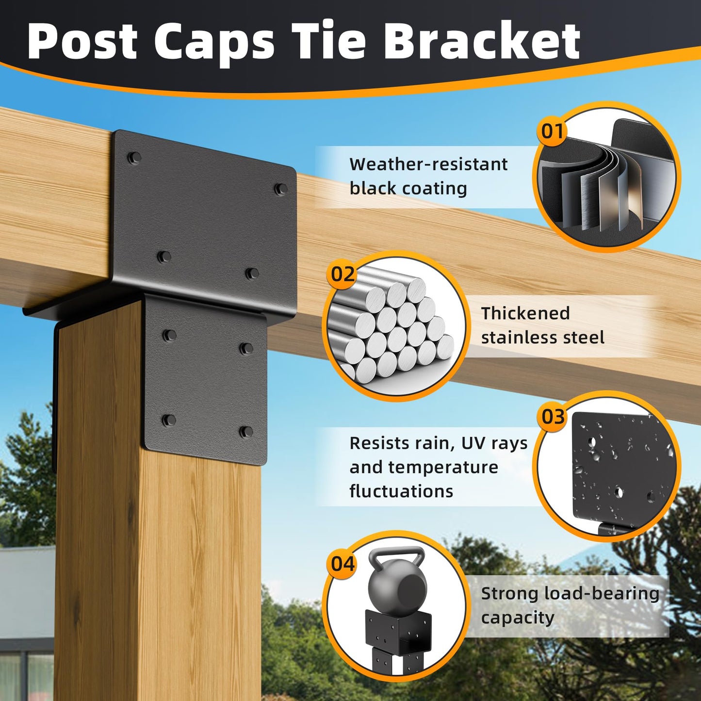 Wuno Shop 2 Pack 6x6(Actual 5.5"x5.5") Post Caps Tie Bracket, Stainless Steel Post to Beam Connectors for Wood, Heavy Duty Post Anchor Connector for Pergolas, Gazebos, Decks Porches-Black