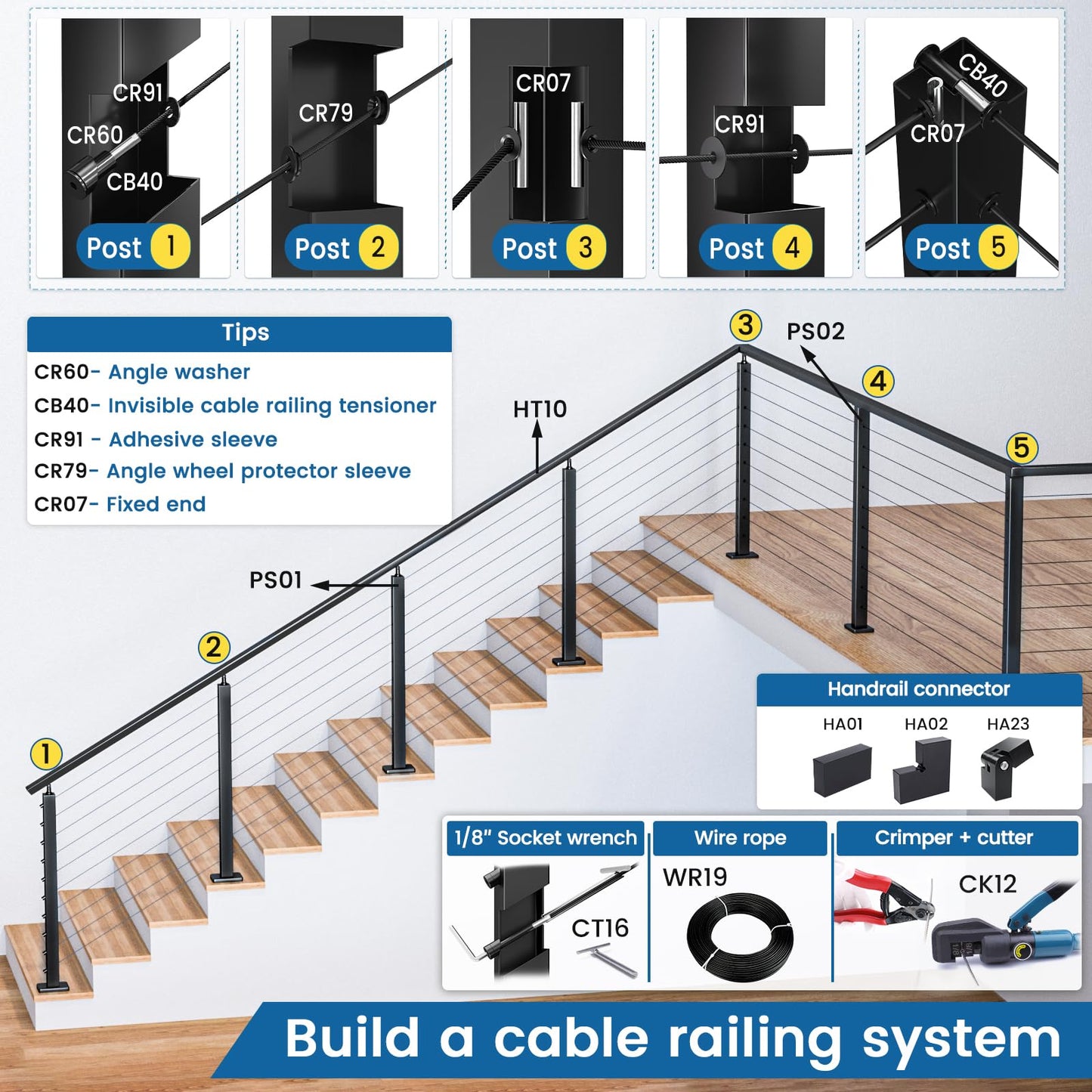 [Patent] Muzata 20 Pack 1/8" Black Invisible Cable Railing Kit Hardware Upgraded Hand Swage Tensioner Hidden for 2"x2" Metal Post T316 Stainless Steel Deck Cable Railing System CB40