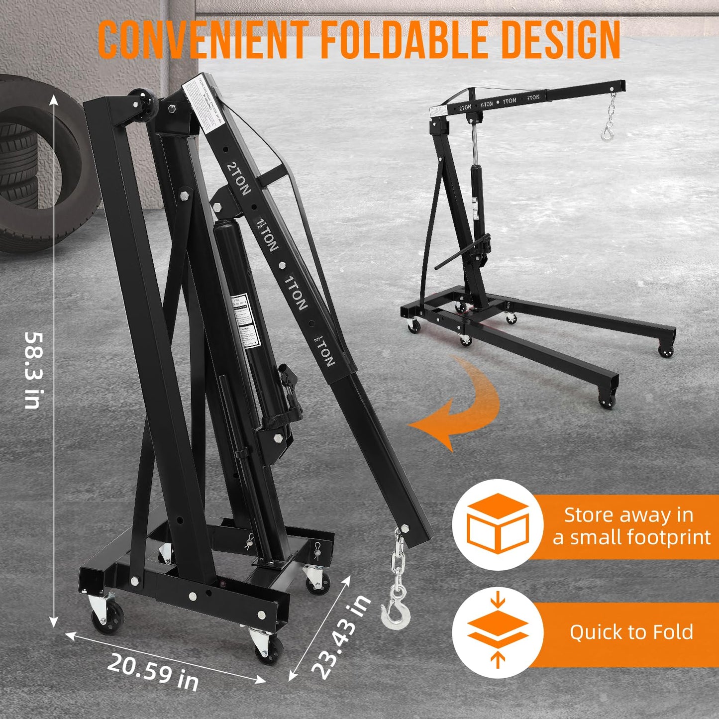 Garvee 2 Ton Engine Hoist, Hydraulic Cherry Picker Engine Crane, Heavy Duty Folding Shop Crane with 6 Casters, Engine Lift for Garage, Workshop, Black