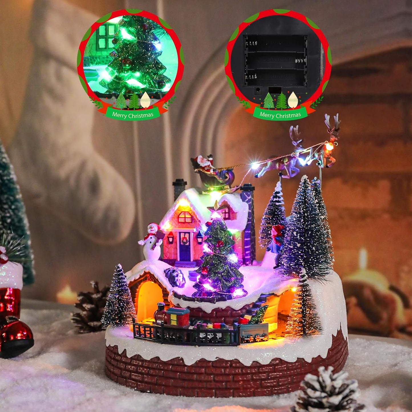 Vipush Christmas Village House Decorations - Resin Train Set with LED Lights & 8 Holiday Songs | Flying Santa Figurines