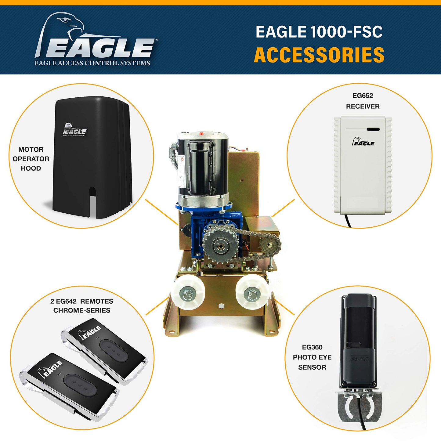 Home Slide Gate Opener Eagle 1000 FSC 1/2 HP Sliding Gate Motor Operator System Residential and Light Commercial for 27’ feet 600lbs Rolling Gates with Wireless Remotes