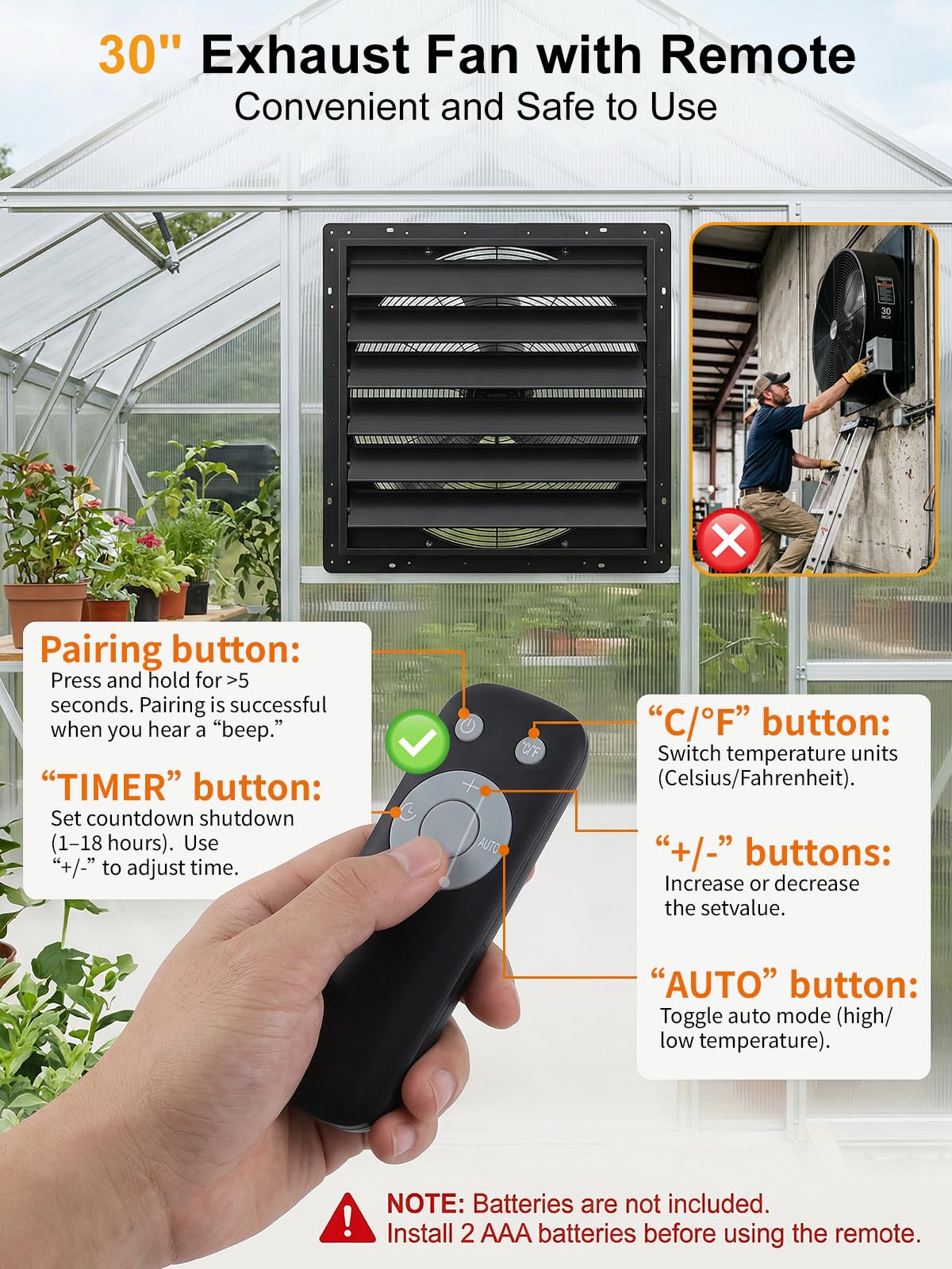 30in Shutter Exhaust Fan with Thermostat,Wall Mounted Attic Ventilation Fan,7000CFM,8m/s,Window Shutter Exhaust Fan with Remote,Controller,3Speed,Timer,All-Metal for Garage,Greenhouse,Attic,Coop,Black