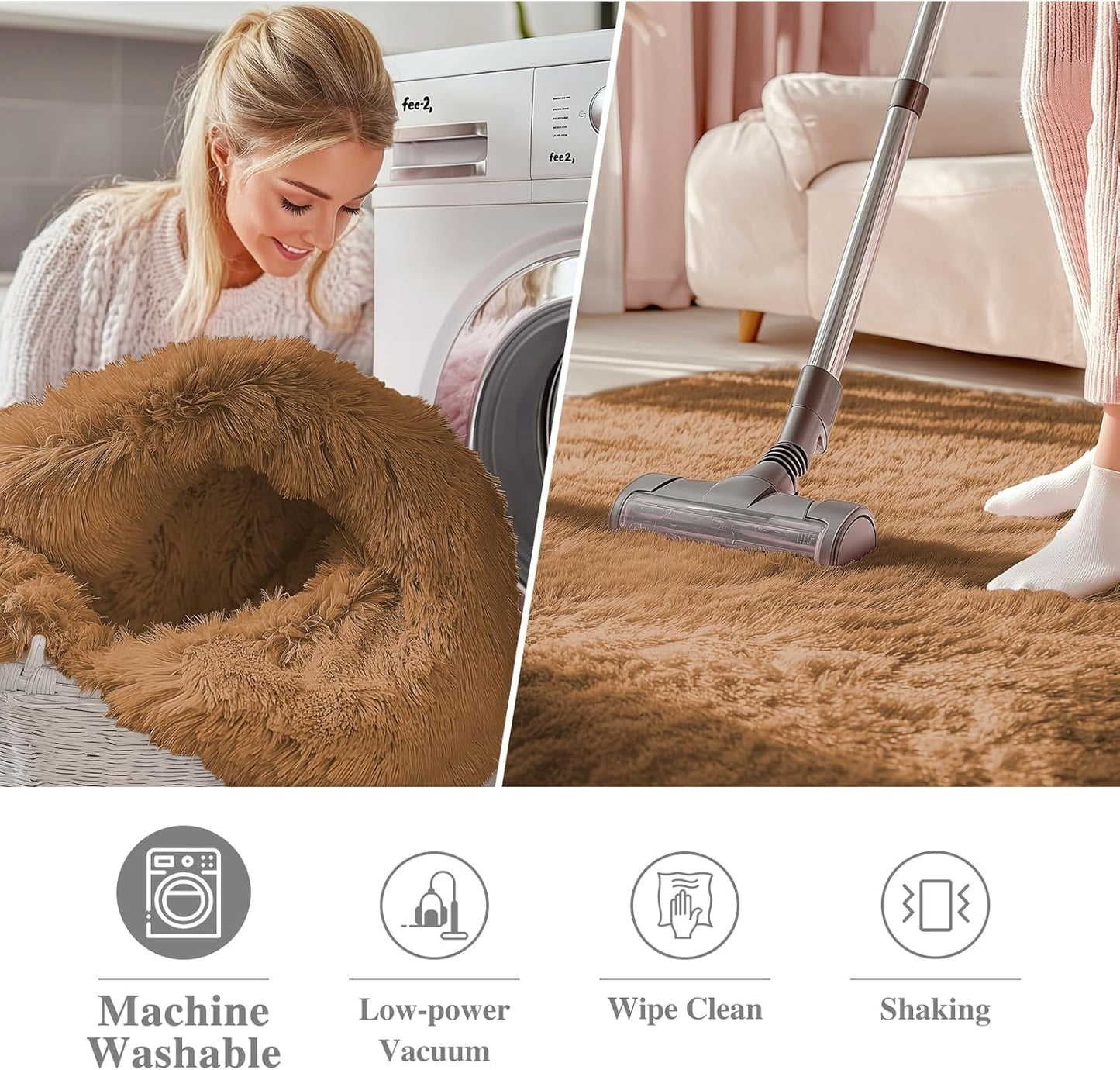 OLANLY Round Khaki Area Rug - Soft, Fluffy, Machine Washable 7 ft Circle Carpet for Bedroom & Living Room