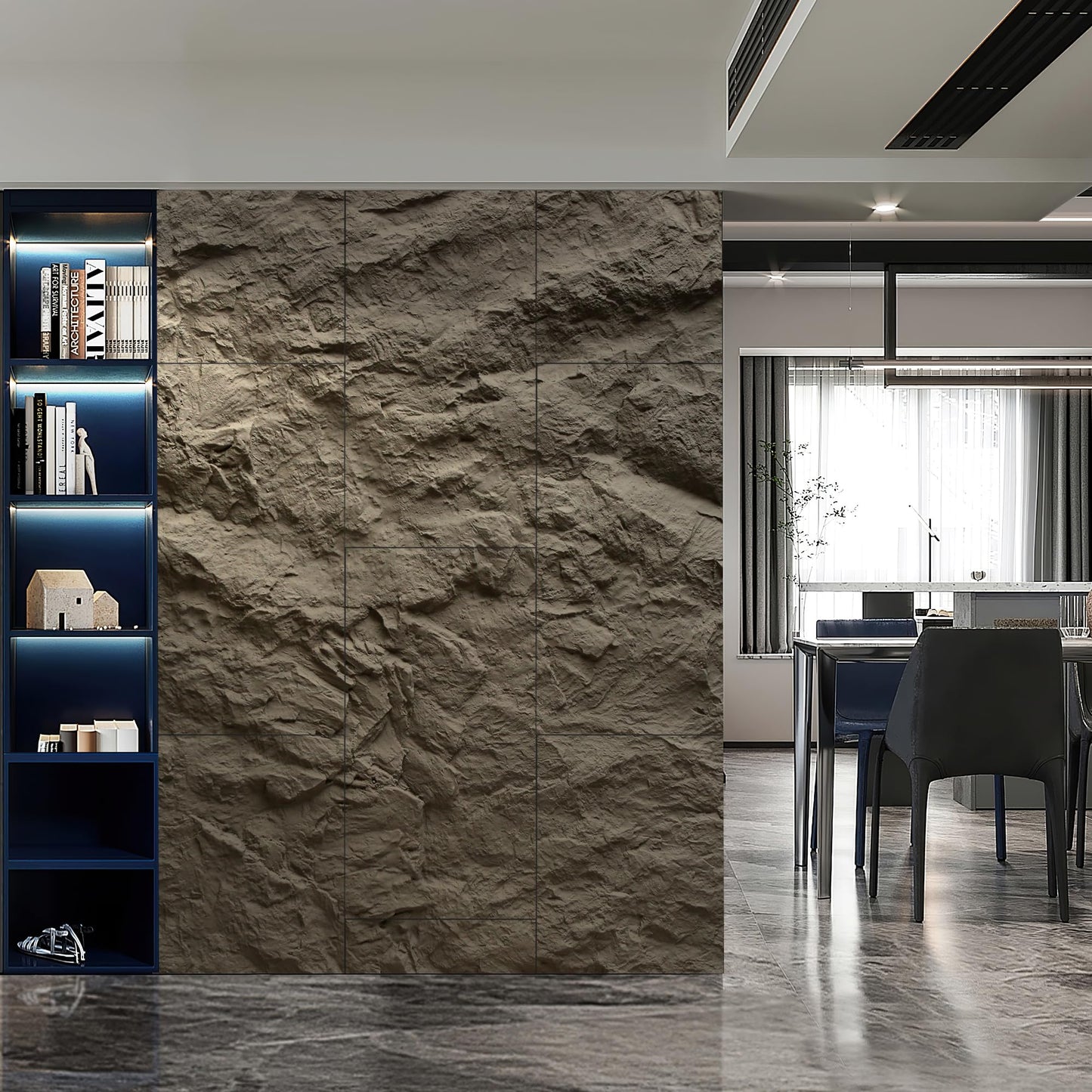 KASARO 3D Faux Stone Wall Panels, 4 PCS PU Wainscoting Panel for Interior Wall Decor, Cement Texture Thicker Accent for Home, Office, 43.3 × 23.6 inch, Grey