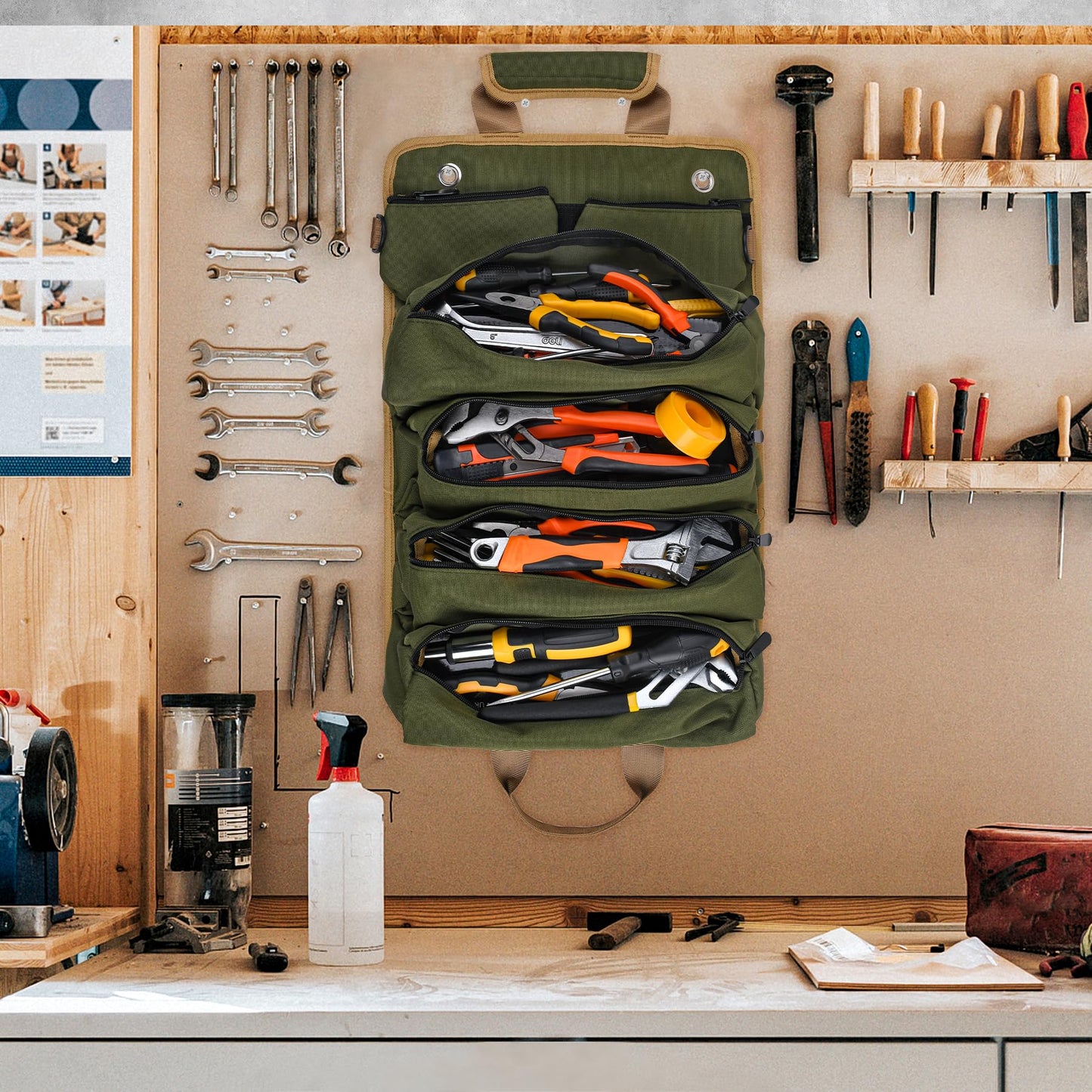 Tool Bag, Tool Bags for Men, Heavy Duty Tool Organizer, Portable Roll Up Tool Bag Gifts For Him, Mechanic, Electrician and Hobbyist, Car Tool Roll Organizer -Green