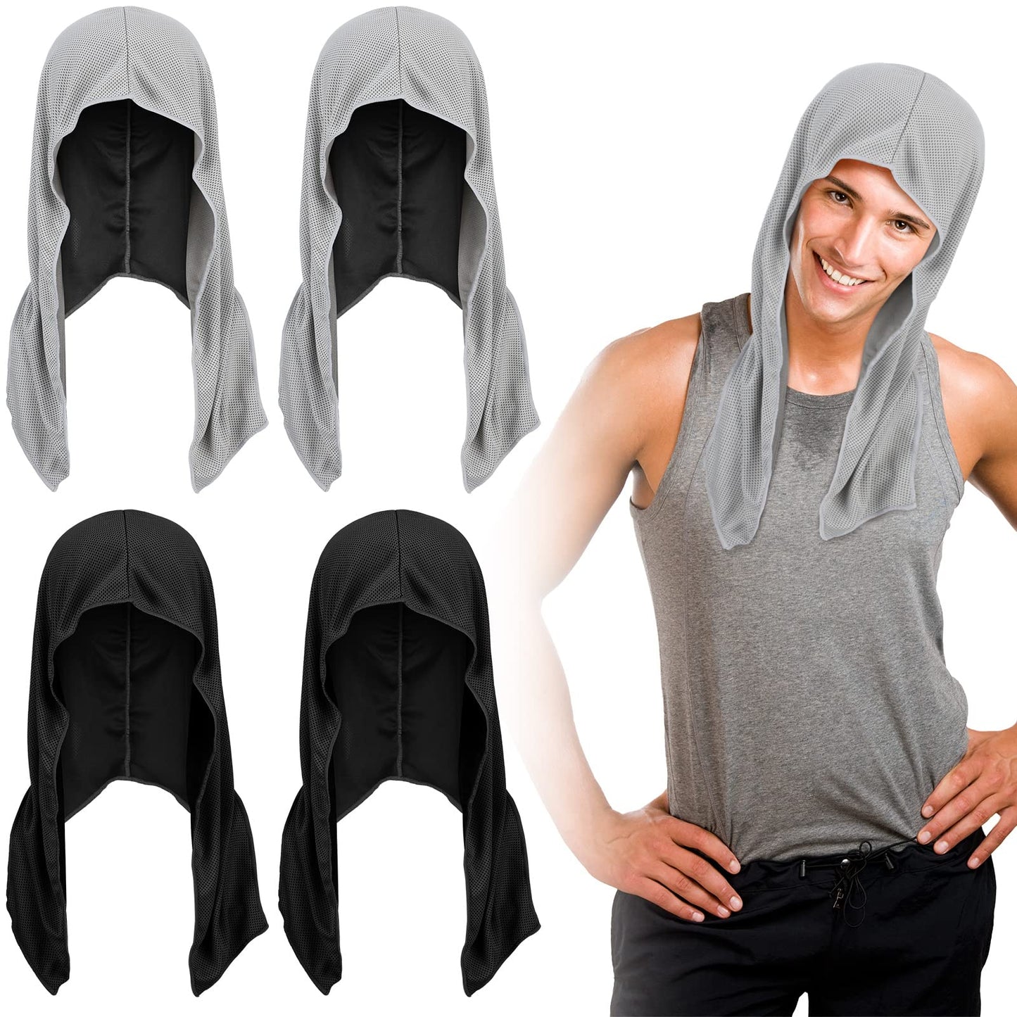 Bencailor 4 Pack Cooling Hoodie Towels Cooling Towels for Neck and Face Head Wrap UPF 50 UV Sun Protection for Sport Workout Camping(Black and Gray,Classic Style)