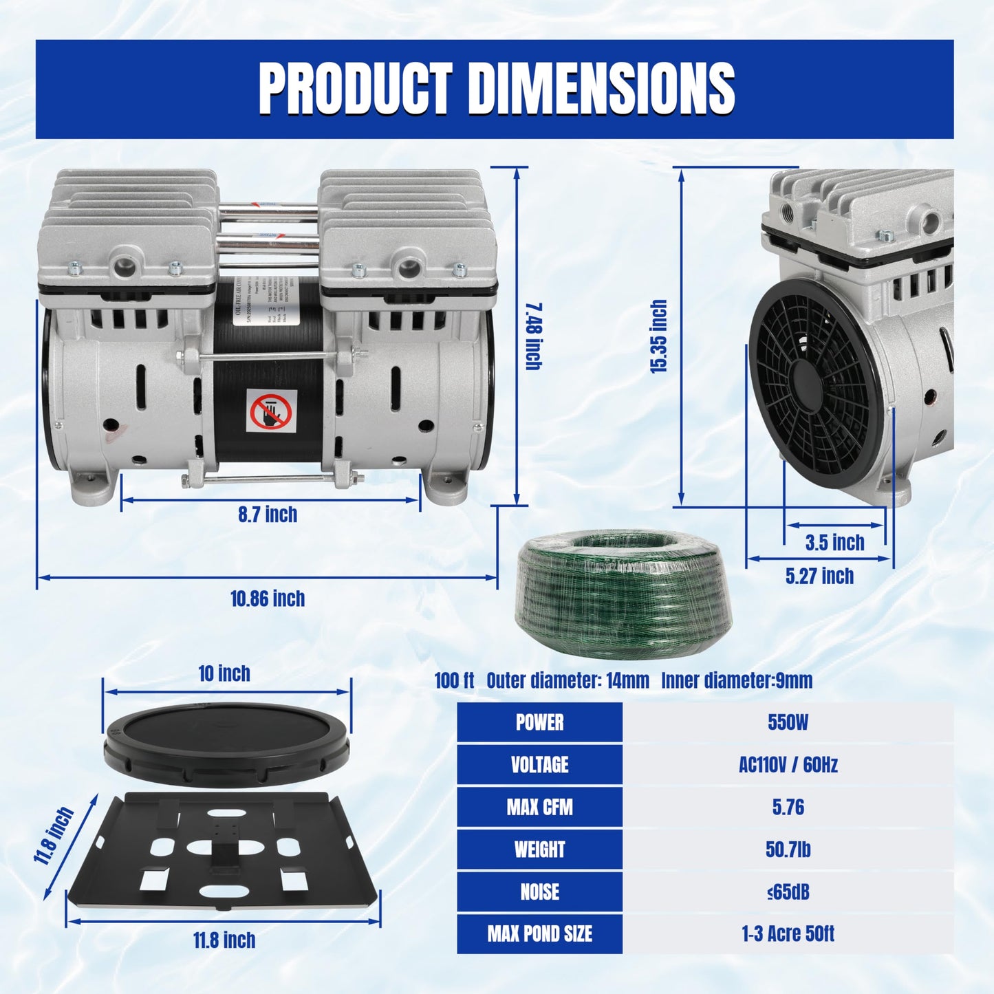 Pond Aerator Pump Lake Aerartion System 5.76 CFM for Up to 3 Acre with 2 Diffusers 3/4 HP Compressor 100' Weighted Tubing for Outdoor Ponds Deep Water Oxygen Circulation