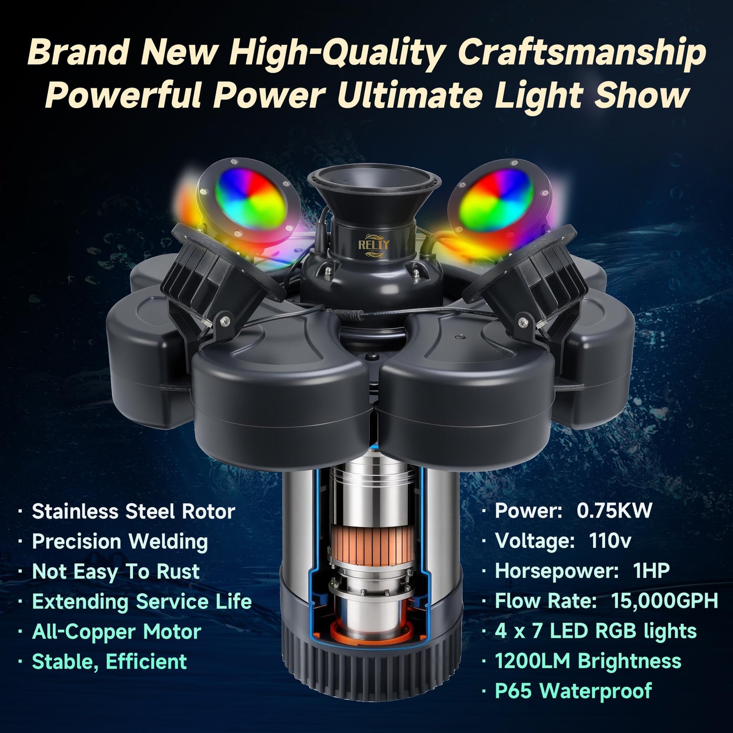 RELIY Pond Fountain Aerator, With 4 RGB Lights 1HP 110V 15000 GPH Stainless Steel Fountain Pump, Fully Automatic Powerful Lake Floating Fountain, 100 FT Power Cord, Programmable Timer Switch