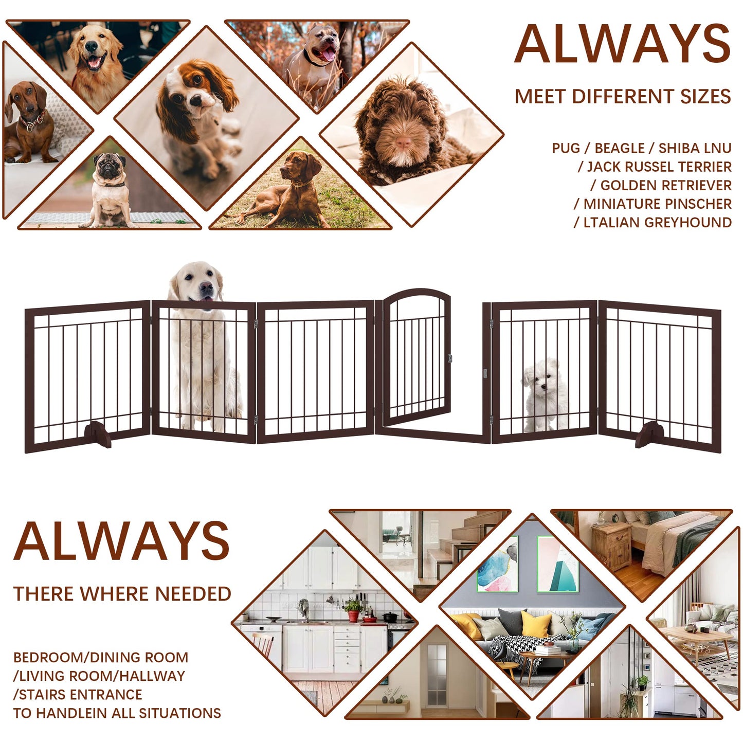 JSB 144-inch Extra Wide 30-inch Tall Dog gate with Door Walk Through, Freestanding Pet Gate for Halls, Stairs & Home, Pet Puppy Safety Dog Fence with 2PCS Support Feet (Espresso)