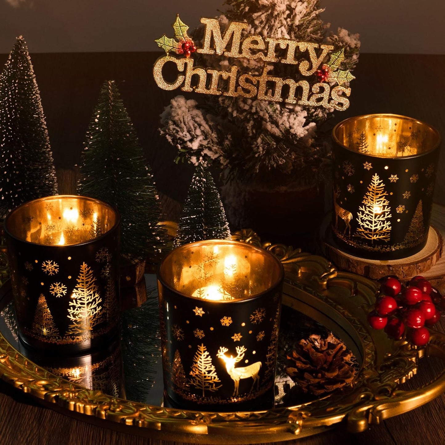 Skiennix Votive Candle Holders - Black & Gold Glass Tealight Set of 3 | Festive Elk, Tree & Snowflake Designs for Holiday Decor