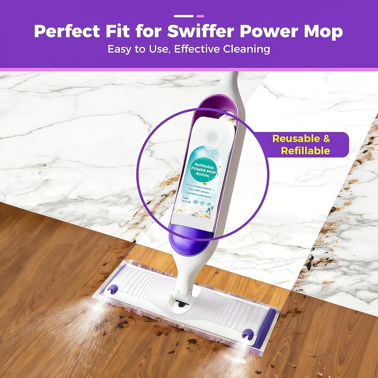 Skiennix Refillable Solution Bottle - 720ML Leak-Proof Cleaner Container | Universal Fit for Swiffer Power Mop