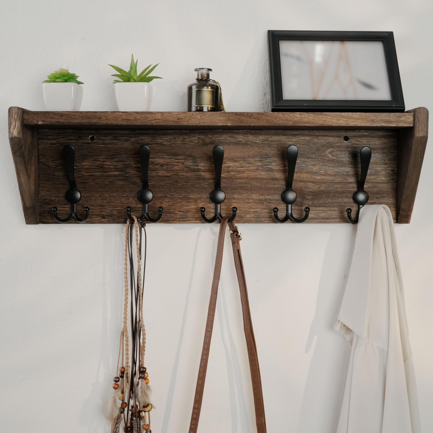 WEBI Coat Rack Wall Mount with Shelf,24" Long Wall Shelf with Hooks Underneath,5 Triple Hooks for Entryway,Hallway,Bedroom,Weathered Brown