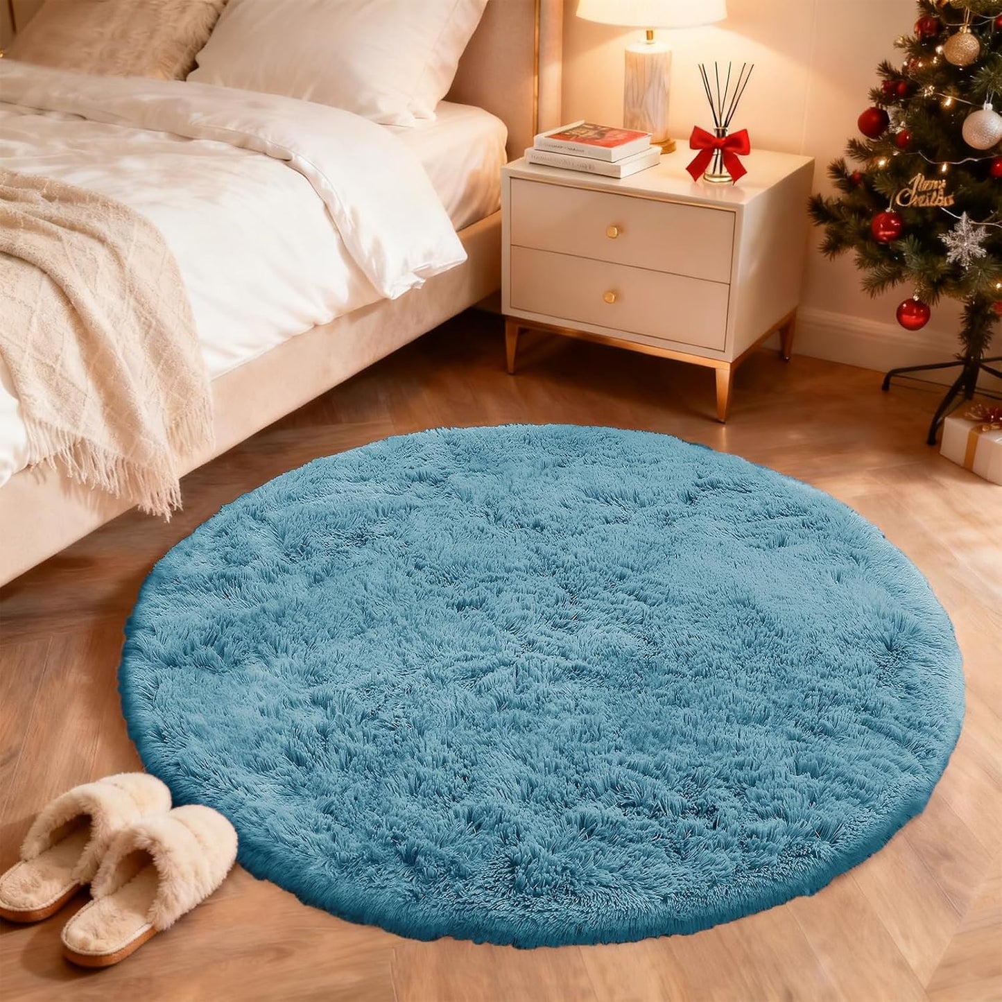OLANLY Round Slate Blue Area Rug - Soft, Fluffy, Machine Washable 3 ft Circle Carpet for Bedroom & Living Room