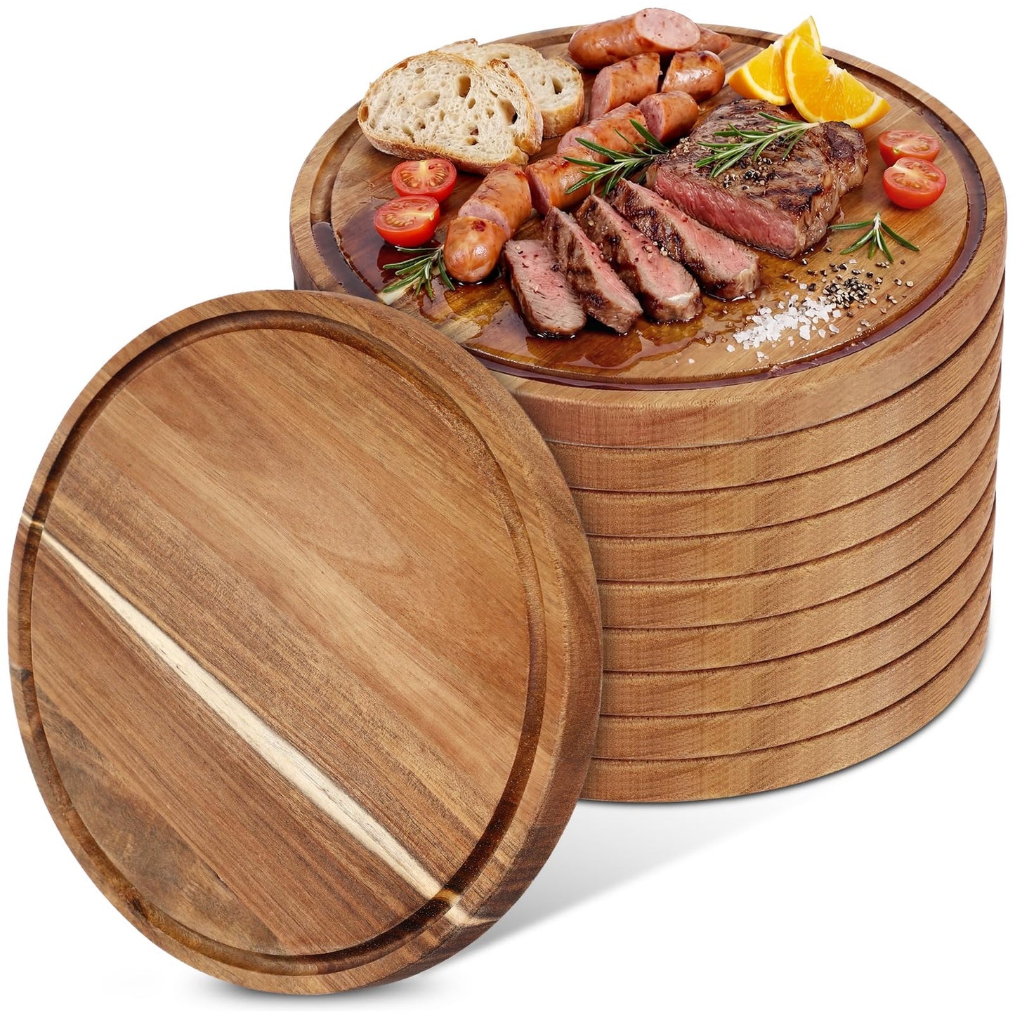 Patelai 10 Pcs Round Wood Cutting Boards Bulk 14 Inch Acacia Wooden Charcuterie Boards 0.6 Inch Thick with Juice Groove Bread Pizza Meat Fruit Cheese Vegetable Chopping Cutting Kitchen Serving Tray