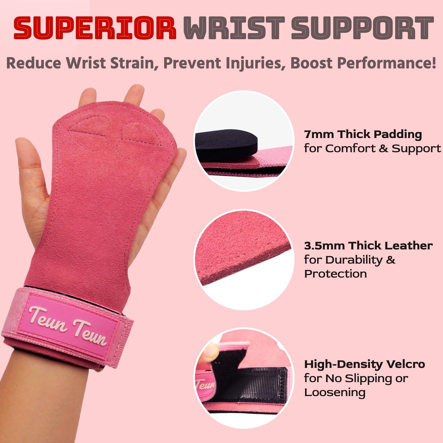 Teun Teun Glitter Wrist Straps for Weightlifting Pink Leather Gym Lifting Straps for Deadlifts, Weight Grips with Neoprene Padded Wrist Wraps Support