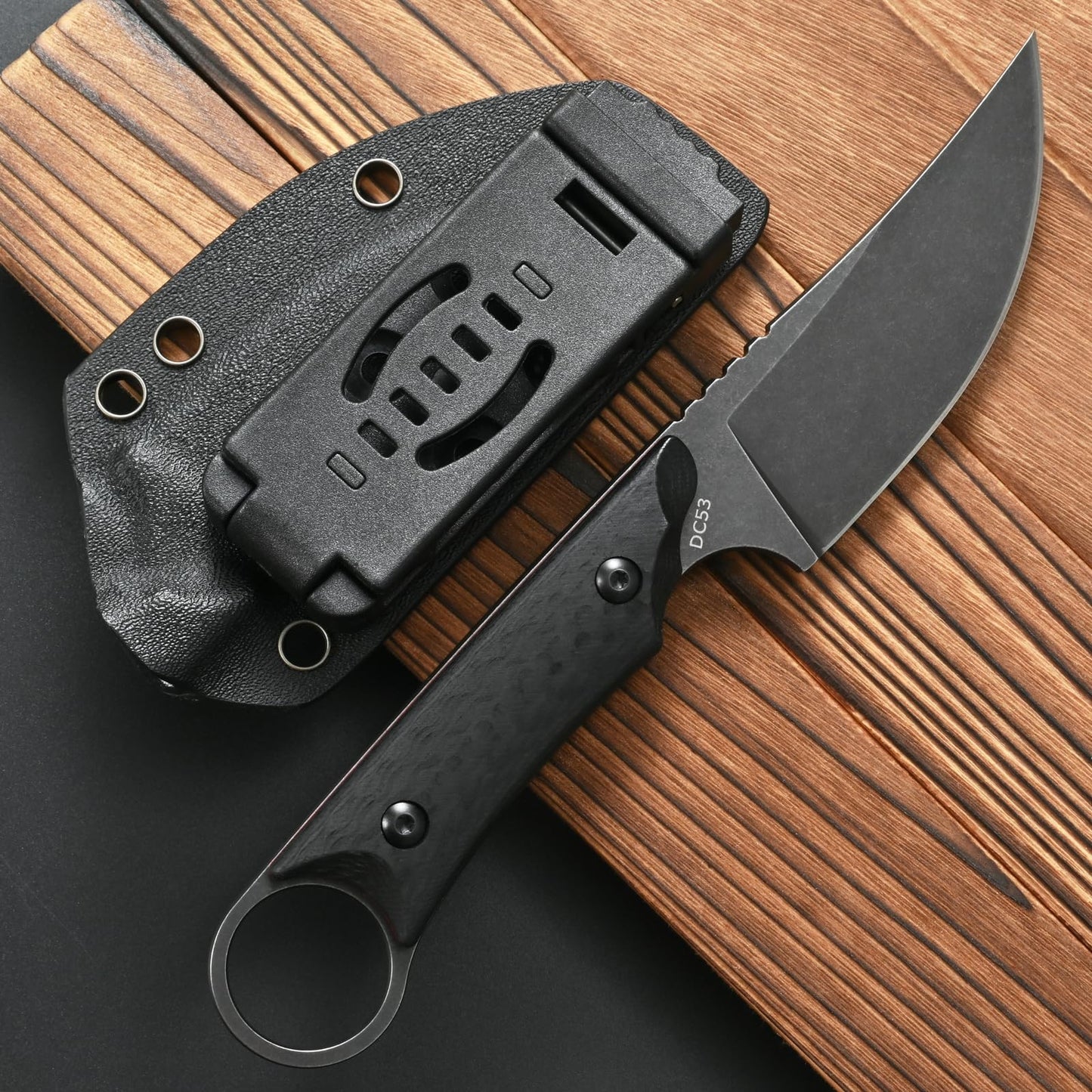 CCFFCC FF105 Fixed Blade Knife，DC53 Black Stonewashed Steel Blade Carbon Fiber Handle Full Tang Knife for Outdoor Camping Hunting Working(Black)