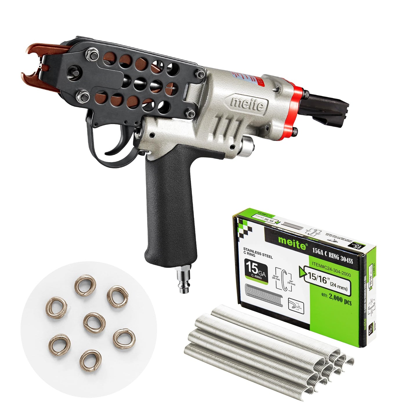 meite SC7C-I2 15GA 3/4-Inch Pneumatic Hog Ring Gun with 2,000 Counts Stainless Steel C Ring Staples