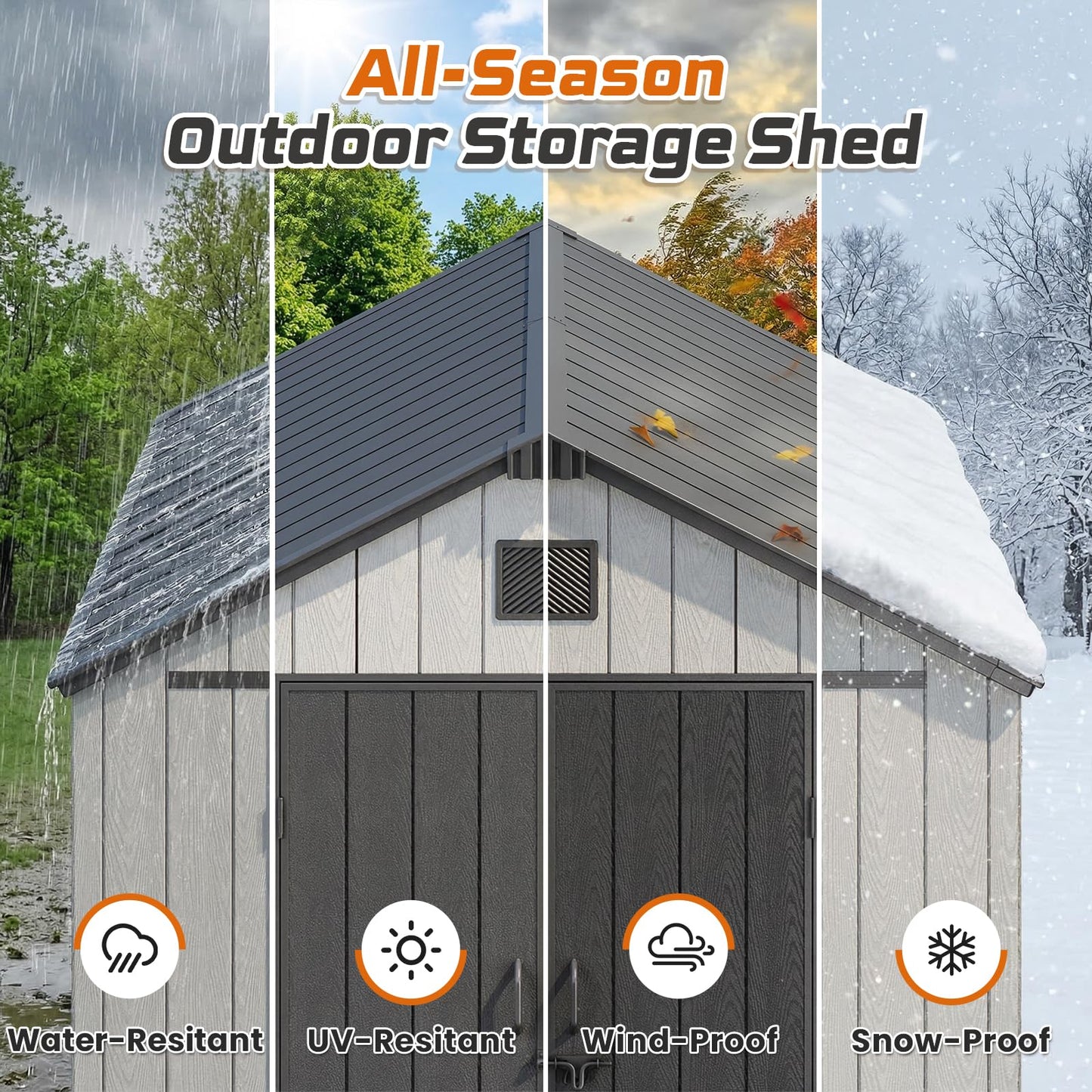Jocoevol Outdoor Storage Shed, 8x8FT Resin Shed with Floor/Windows/Lockable Door/Vents, 15mm Thickened Heavy Duty All-Weather Garden Tool Shed for Backyard, Patio, Lawn, Gray