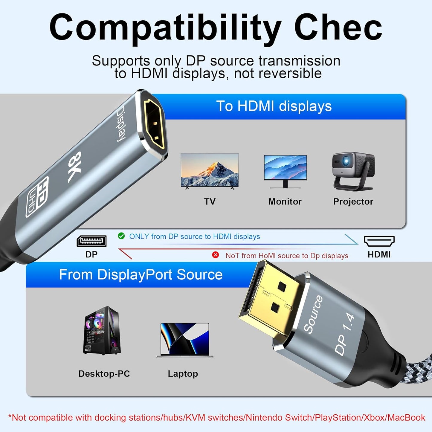 DGHUMEN 8K 1.4 2.1 8K 60Hz 4K 120Hz 5080/4090,RX 7900/6900 DisplayPort to HDMI Adapter / Unidirectional DP to HDMI