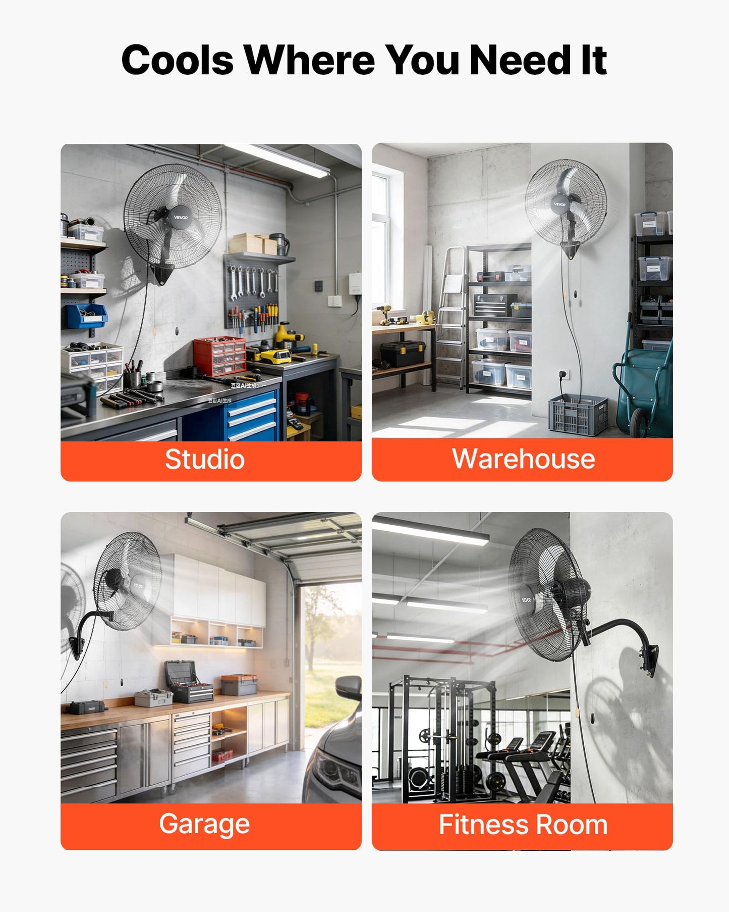 VEVOR Wall Mount Fan, 20 in Wall Mounted Hanging Fan Oscillating, 3-Speed, Long Airflow Distance, Adjustable Rotation Angle, Mechanical Powerful for Industry, Commercial, Garage, Workshop, Gym, 2 Pack