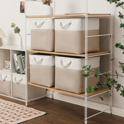 MidmmVick Extra Large 13"x13" Cube Storage Bins - 6 Pack Collapsible Fabric Bins in White & Beige