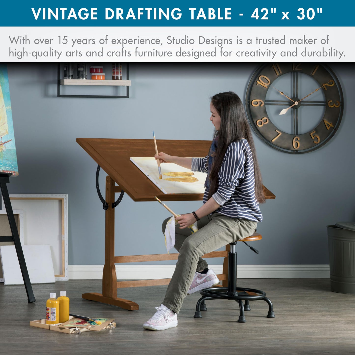 Studio Designs Vintage Drafting Table - Antique Design Solid Wood Drafting Table with Built-In Pencil Groove and Pencil Ledge - Angle Adjustable Work Surface
