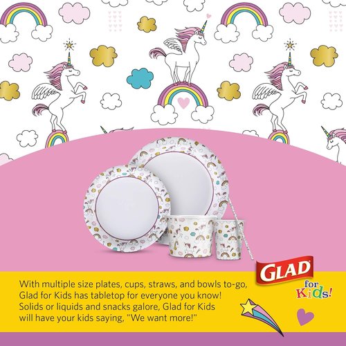 Glad Unicorn Theme Kids Plates - Heavy-Duty Disposable Paper Plates | Soak-Proof, Microwave Safe, 8.5 Inch, 20 Count