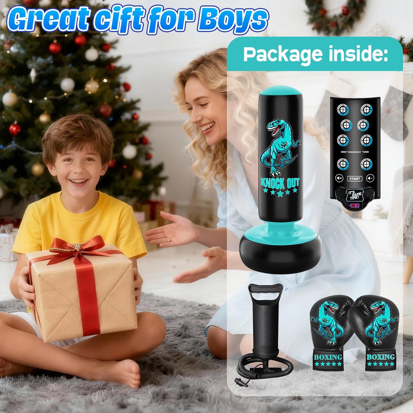 Punching Bag for Kids, 66 Inch Inflatable Boxing Bag with Boxing Gloves, Kid Boxing Set with Scoring, Light, Music, Stand Kids Punching Bag Toy for Age 4-12, for Practicing Karate, Taekwondo, MMA