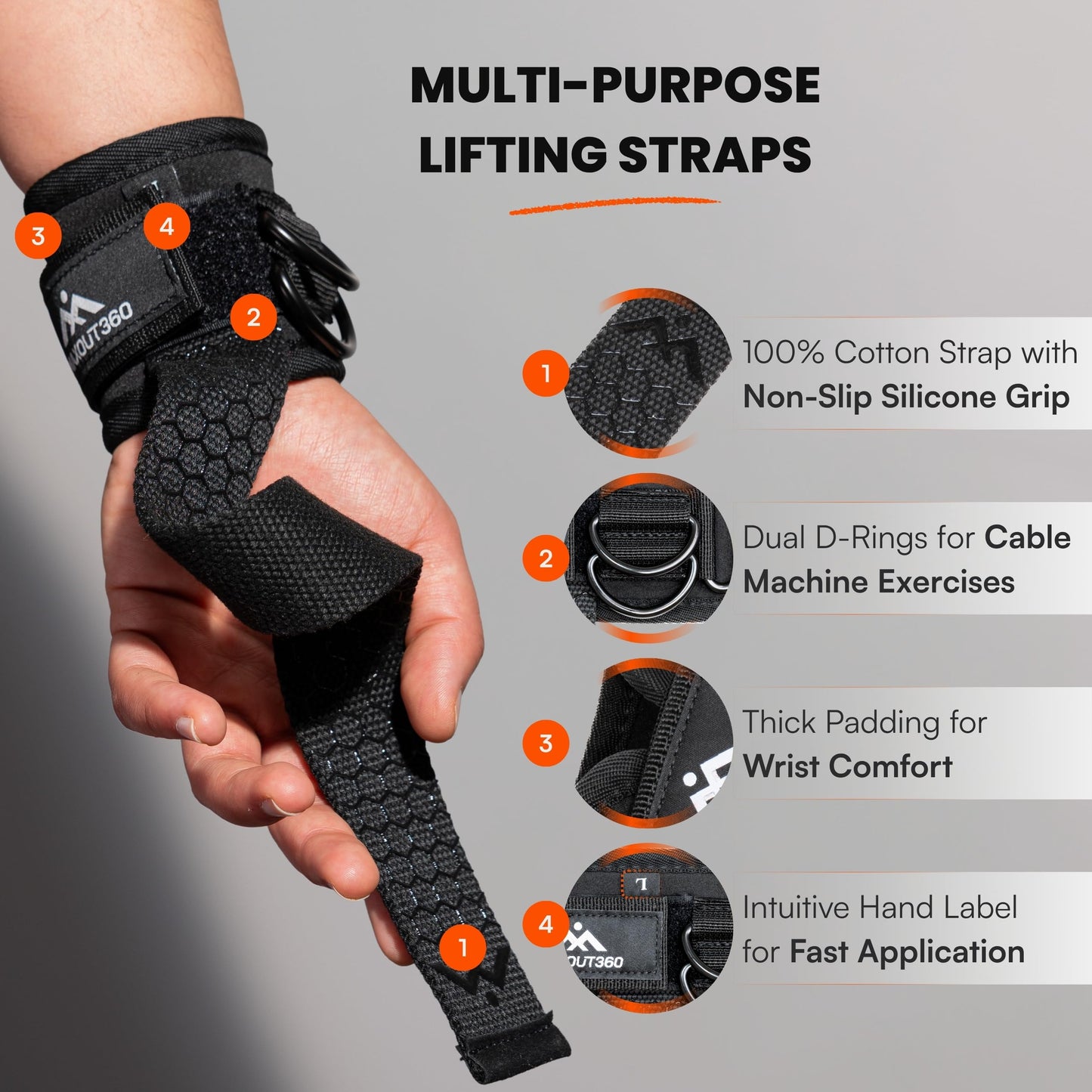 MaxOut360 Gym Lifting Straps with D Rings, Anti-Slip, Thick Padded Lifting Wrist Straps for Weightlifting for Cable Machines, Deadlifts, & Gym Training, Black