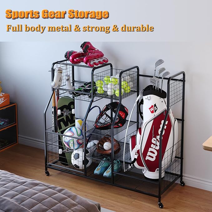 Garage Sports Equipment Organizer & Outdoor Toy Storage, Ball Storage Golf Organizer For Garage with Baskets, 5 Hooks