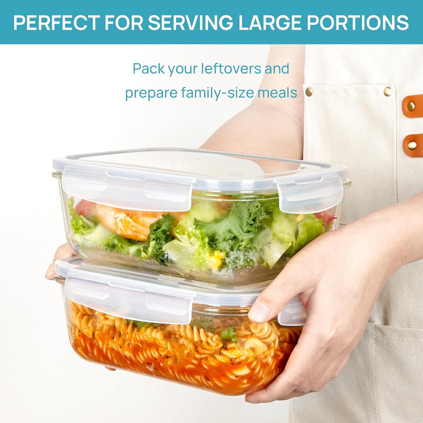 Vtopmart Large Glass Storage Containers - 2-Pack 1860ml | Airtight Lids for Meal Prep & Baking, Grey
