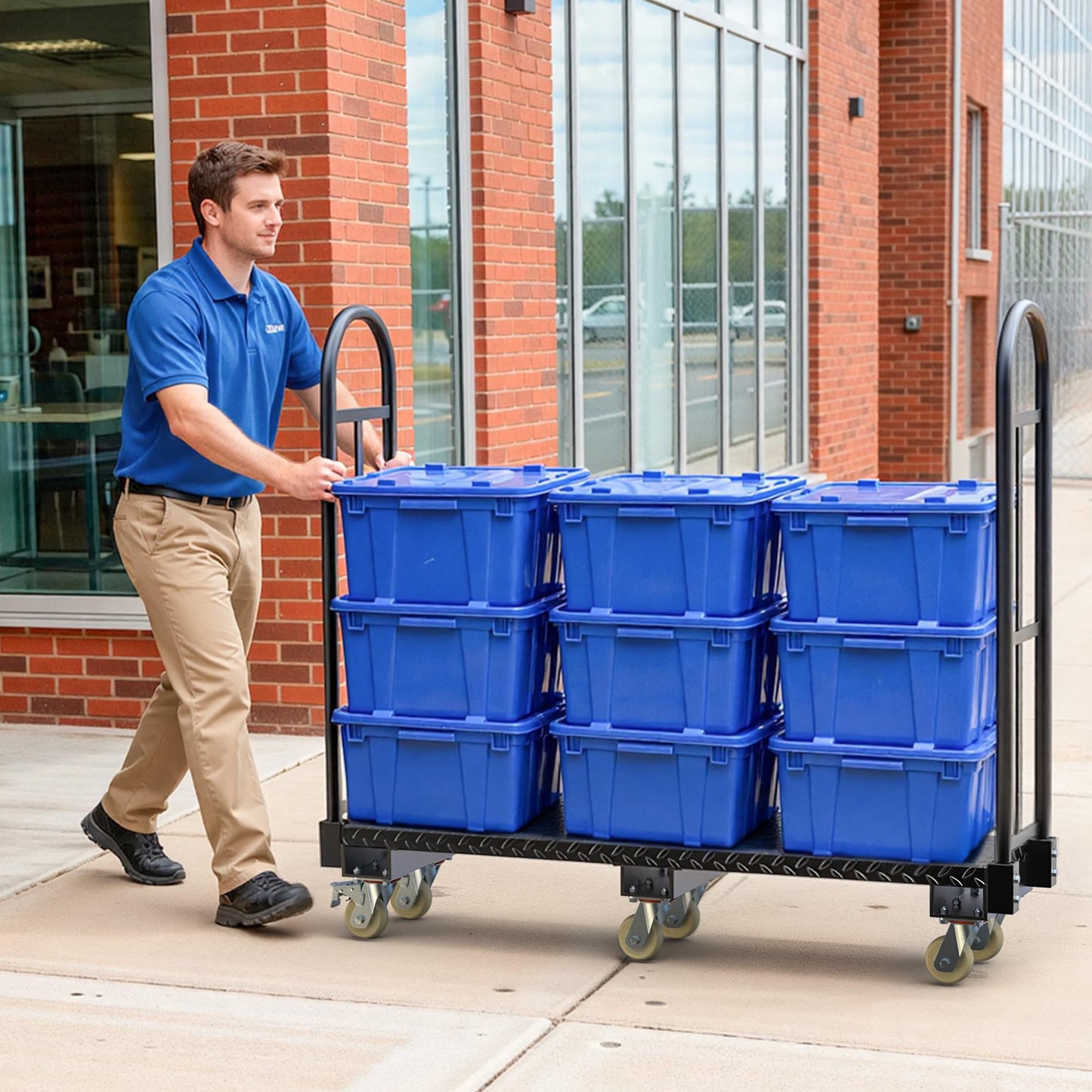 YITAMOTOR Heavy Duty Narrow Aisle U-Boat Platform Truck Dolly, 63 x 15.75 x 60.8 Inch U-Boat Cart with Thick Steel Deck 2000 Lb. Capacity with 6 Swivel Casters(2 Wheels with Brake)
