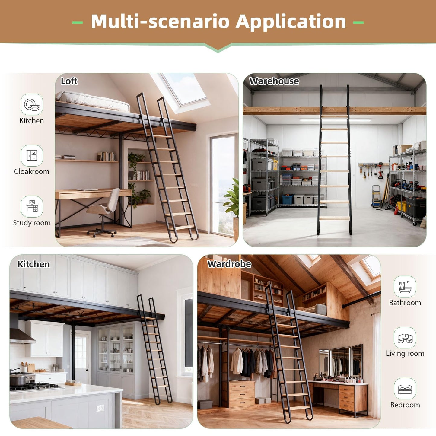 9.35FT Industrial Style Loft Ladder, 7 Steps with Black Steel Handrails & Solid Wood Steps, 450lbs Capacity, Fits 7.2-8FT Installation Height, for Attic, Kitchen, Warehouse, Bookshelf& Outdoor