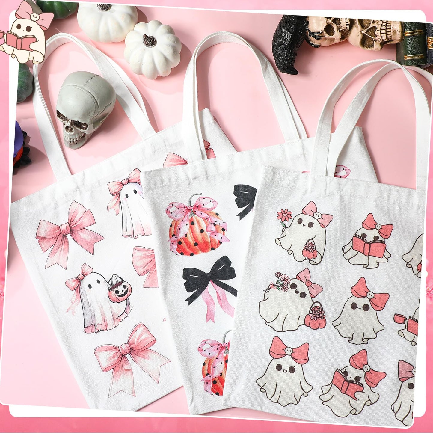 Kosiz 6 Pcs Halloween Tote Bags Bulk Pink Ghost Tote Reusable Trick or Treat Goodie Bags Cute Ghost Canvas with Handles for Halloween Bow Pumpkin Canvas Supplies Shopping Party Favors