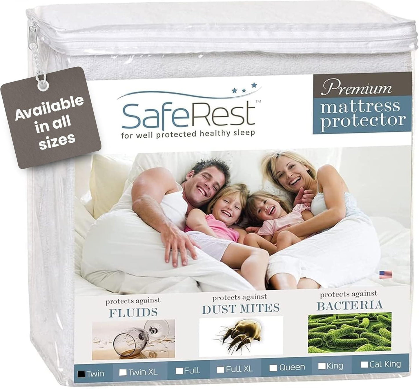 SafeRest Waterproof Mattress Protector - Twin Size Fitted Cover with Stretchable Pockets | Machine Washable Cotton Blend