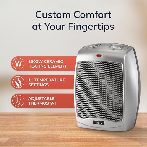Lasko Electric Ceramic Space Heater - Adjustable Thermostat, 2 Heat Settings, 9.2 Inches, Silver