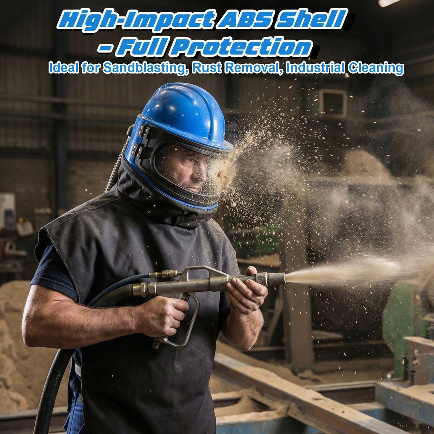 Saysurey Sandblasting Helmet Full Face Sand Blast Hood with 5 Pcs Replaceable Outer Lens Safety Protective Air Feed Sandblaster Helmet with Air Supply Hose, for Industrial