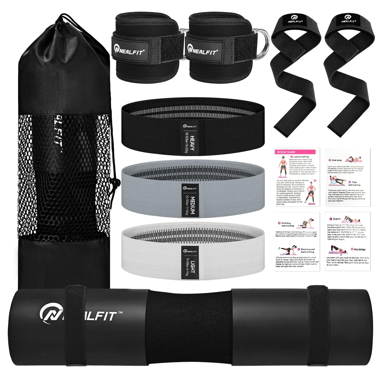 NEALFIT Barbell Pad Set for Squat & Hip Thrust - Extra Thick High Density Neck & Shoulder Support Cushion - Olympic Bar Pad for Weightlifting, Gym, Home Workouts (Black)