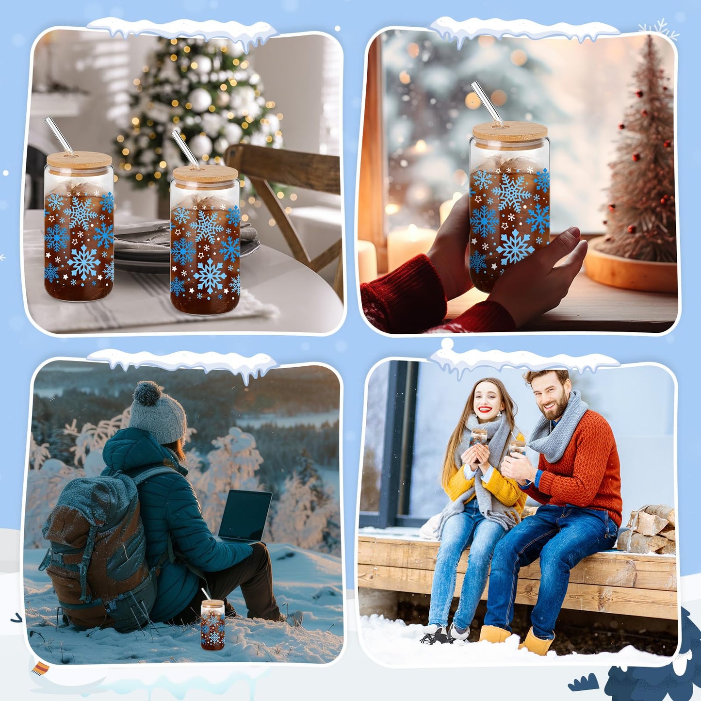 Yetene 24 Pack Snowflake Glass Cups Gifts 16 oz Color Changing Winter Glass Tumblers with Lids Straws Brushes Snowflake Lights Iced Coffee Cups for Women Men Employee Coworkers Holiday Party Favors