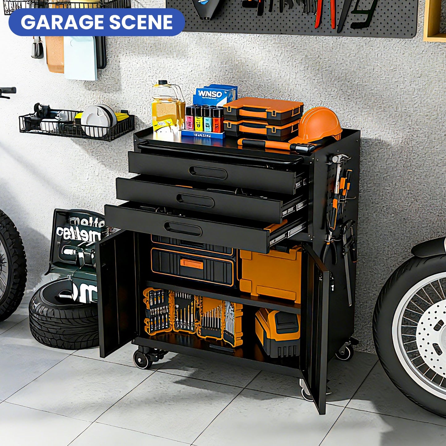 OPTYMIRA Metal Mobile Tool Storage Cabinet with 2 Locking Doors and 3 Drawers,Black Heavy Duty Rolling Tool Cabinets for Garage,Metal Storage Cabinets with Wheels and Pegboard,Assembly Required