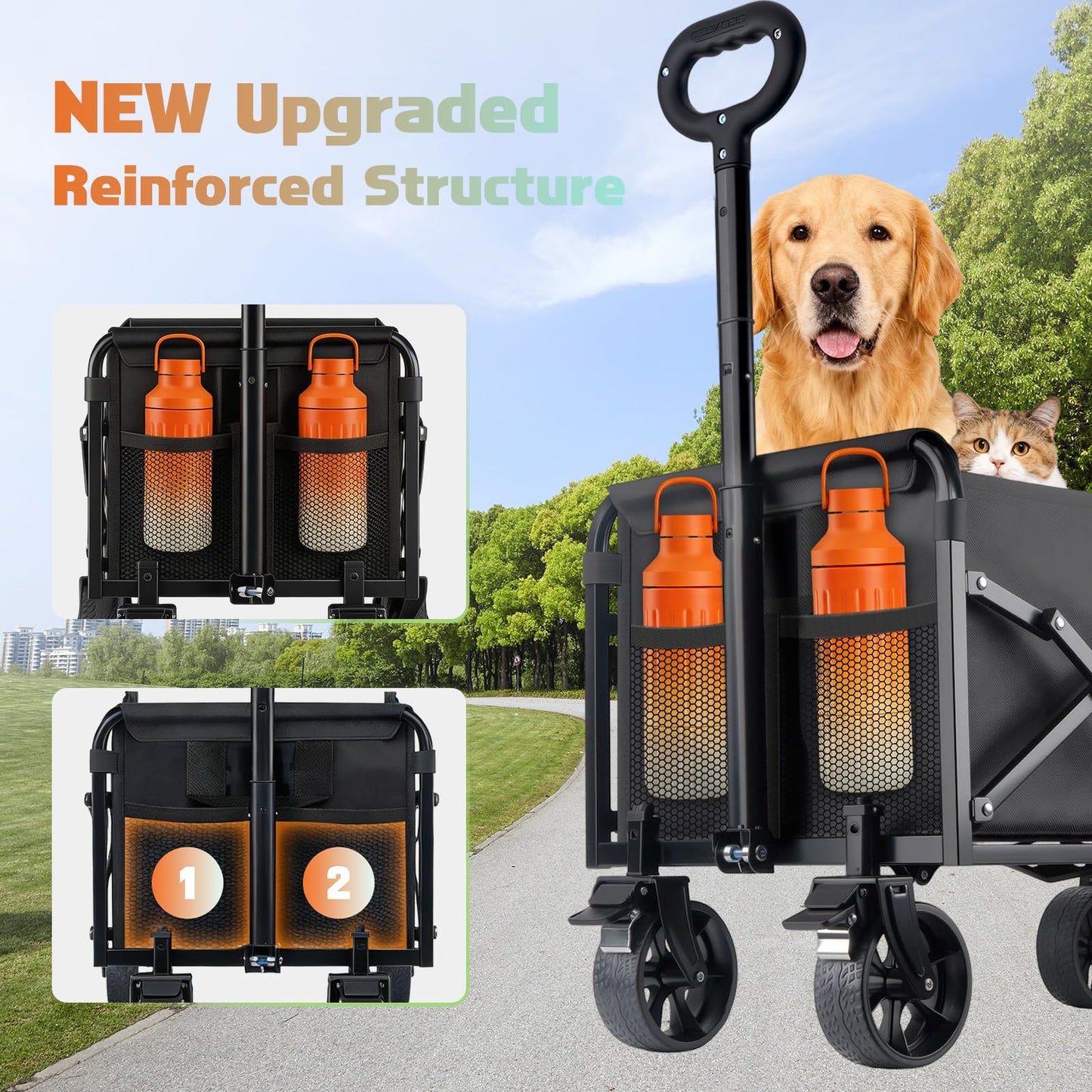 360lbs Foldable Wagon Cart Collapsible - Heavy Duty All-Terrain Portable Lightweight Folding Utility Carts with Wheels, Large Capacity Portable Grocery & Beach Trolley for Shopping, Camping and Sports
